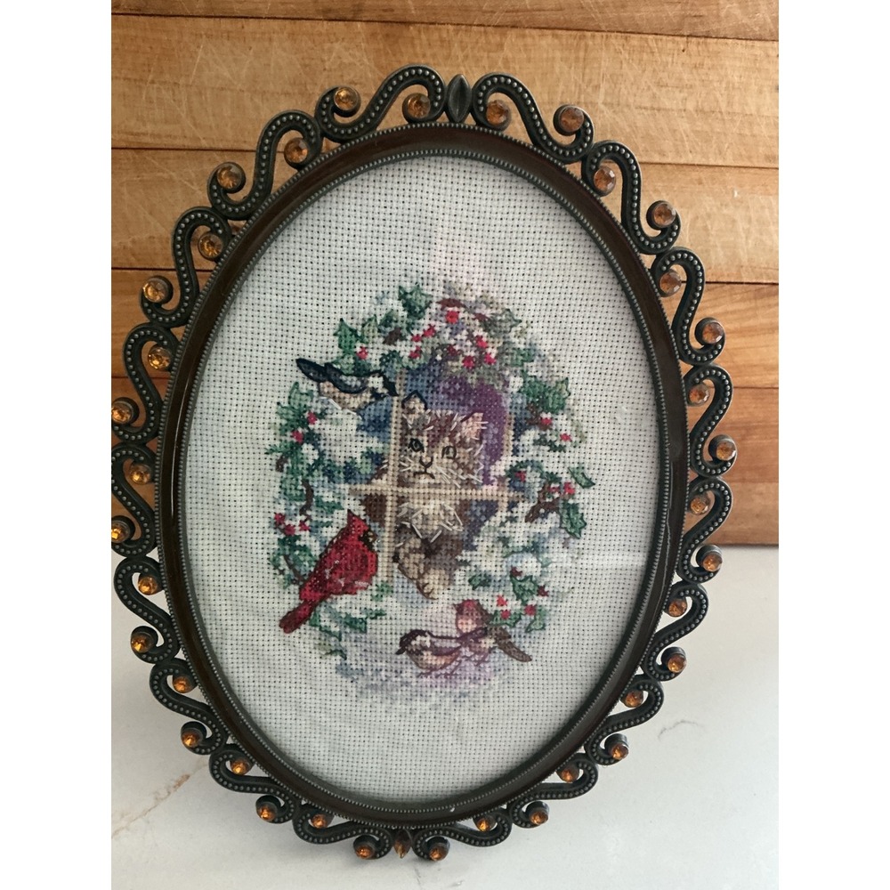 Vintage Oval Ornate Rhinestone Frame Cat Bird Needlepoint Cross Stitch Decor
